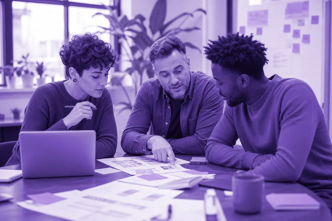 Three learners reviewing a printed Roimatics guide together at a workshop table